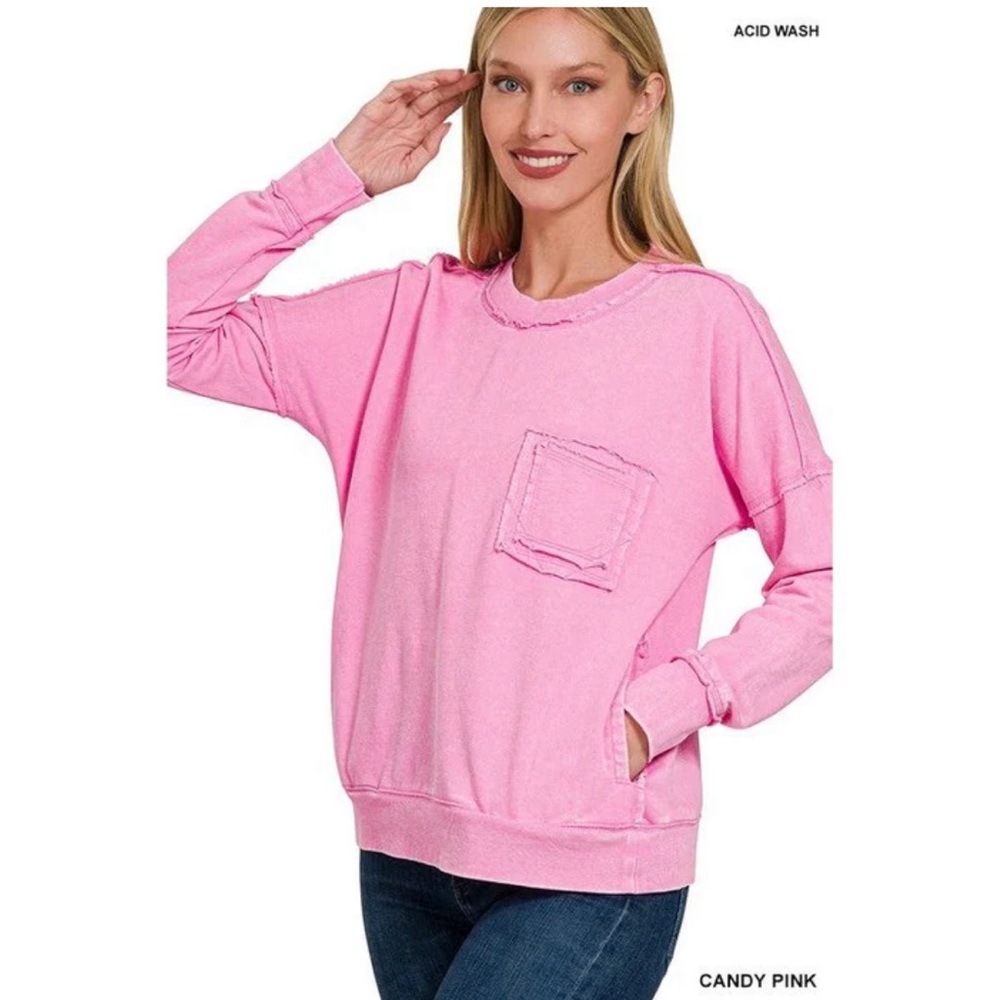 ZENANA• Front Pocket Acid Washed Raw Edge French Terry Pullover•Style TTW-5243Y